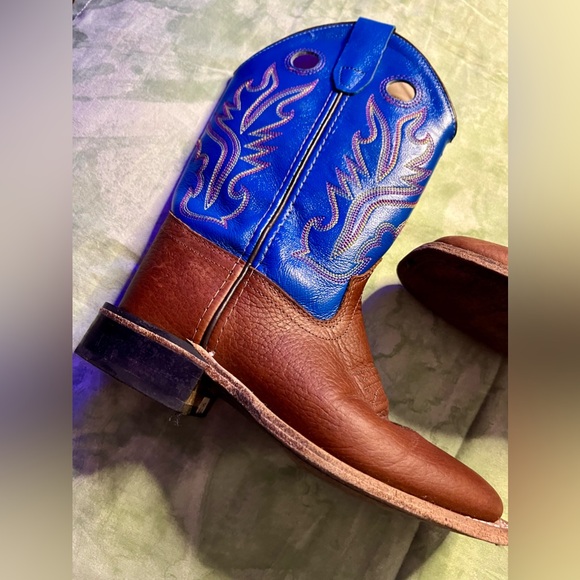 Old West Kids Oiled Rusty Brown and Blue Corona Calf Square Toe Cowboy Boots - Picture 2 of 8